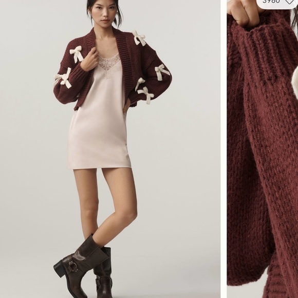 Anthropologie Maroon and Cream Bow Cardigan from Maeve, OS- NWT - Picture 3 of 7